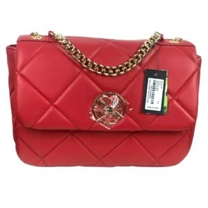NWT Badgley Mischka Red Quilted Letter Lock Large Bag Purse Gold Chain Crossbody
